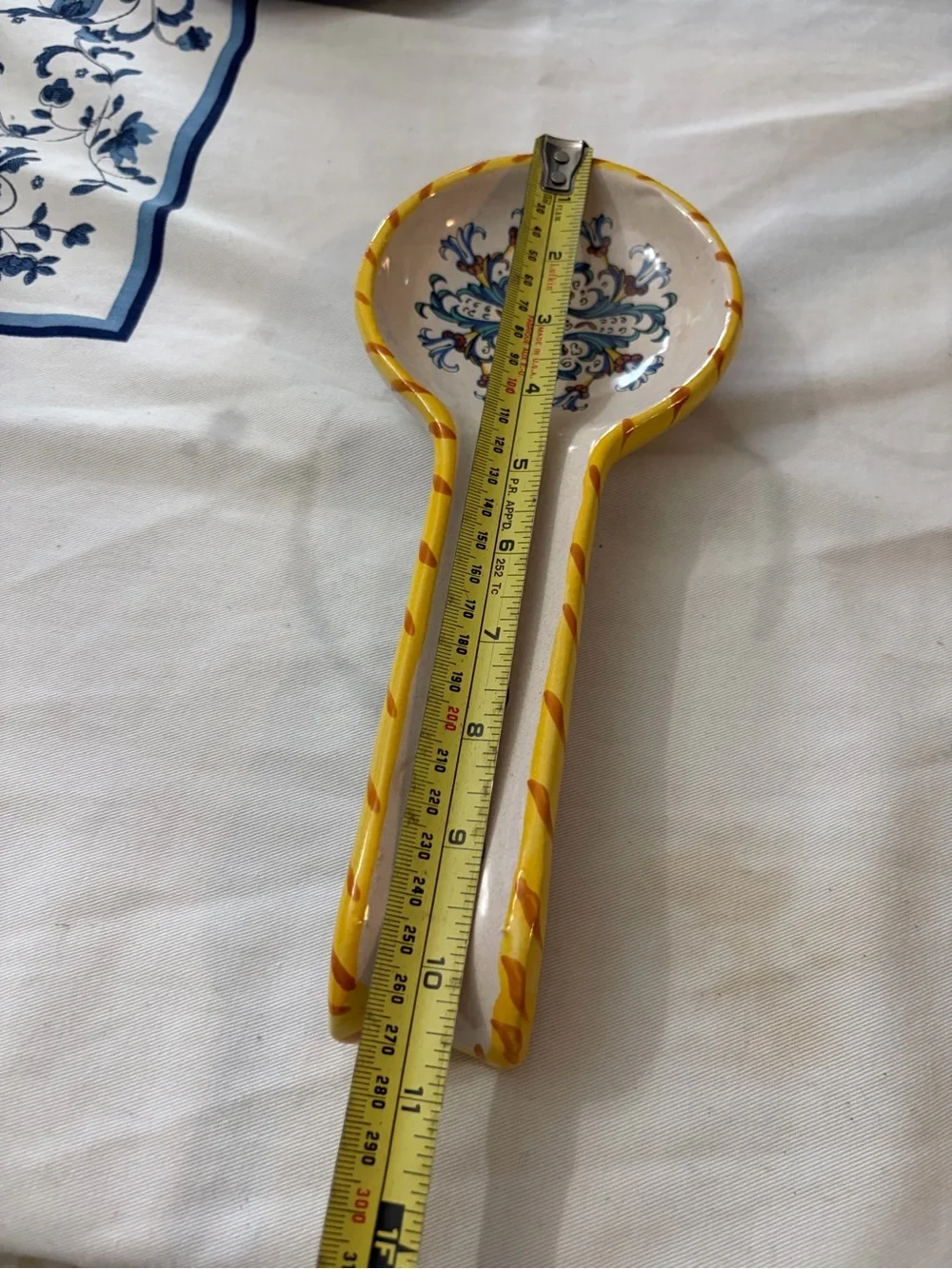 Moma Ceramic Spoon Rest with Yellow Rim and Blue Motif